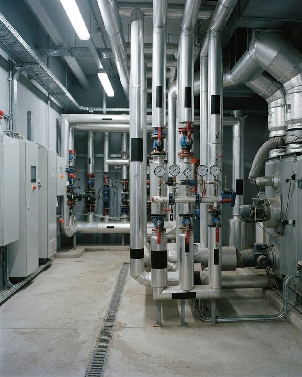 Undercentral med isolerade rör, ventiler och ventilationsaggregat.